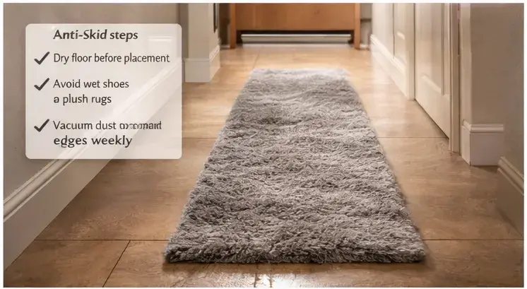 Runner rug centered on a clean tile hallway floor with equal borders