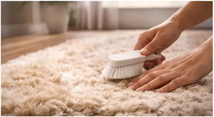 Close-up of plush runner rug fibers being gently brushed to restore fluff