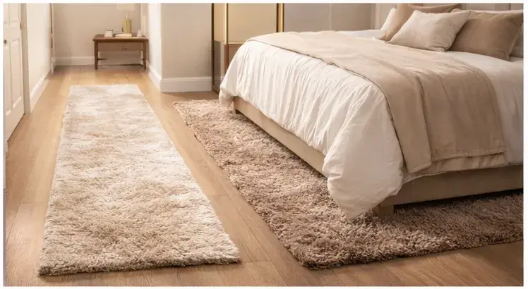 Plush bedside runner rug beside a bed for soft underfoot comfort