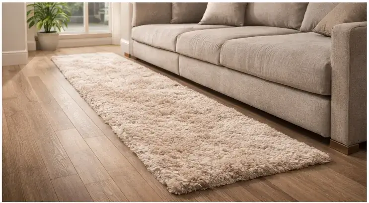 Runner rug placed near a sofa seating zone for comfort and premium decor