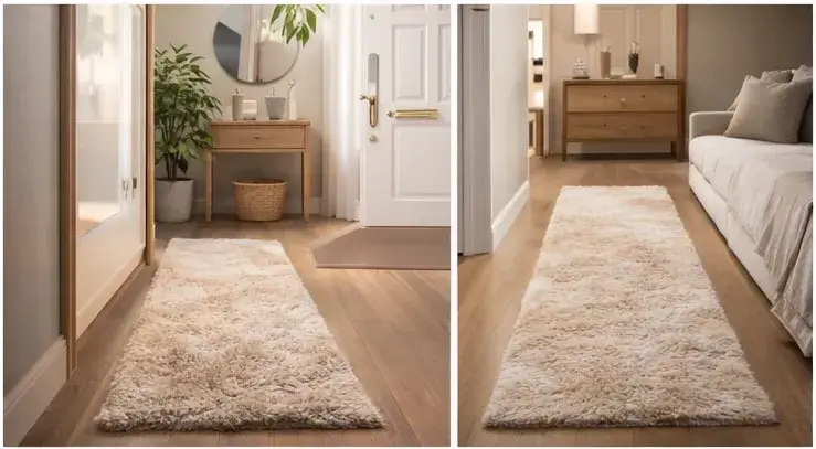 Entryway runner rug styled neatly with minimal decor for a clean look