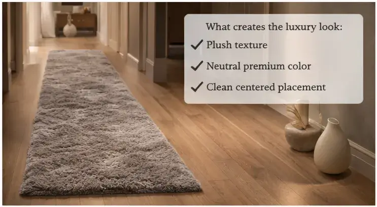Plush runner rug styled in a premium hallway with warm lighting and clean borders