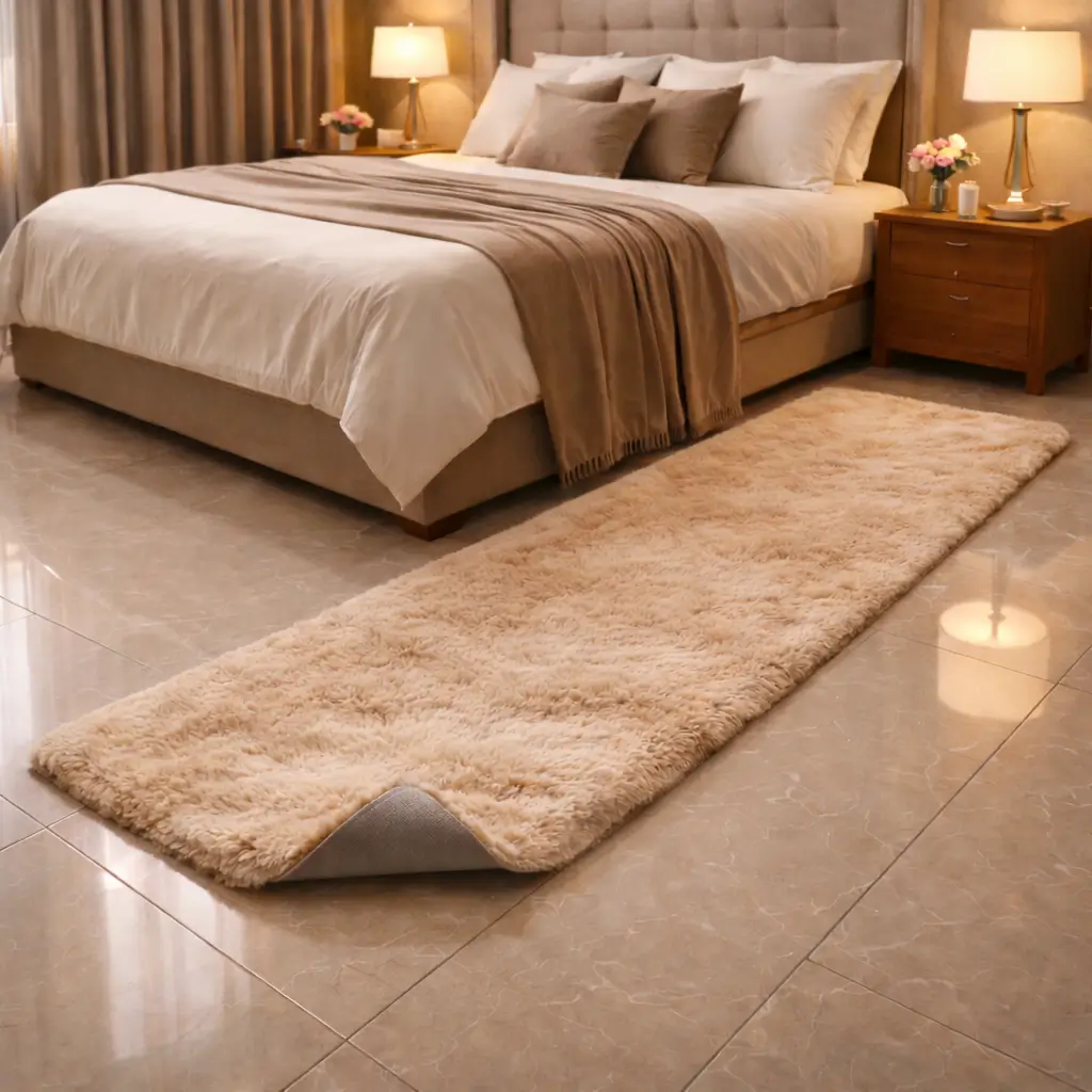 Plush beige rabbit fur runner rug beside bed on glossy tile floor in romantic Rose Day bedroom decor