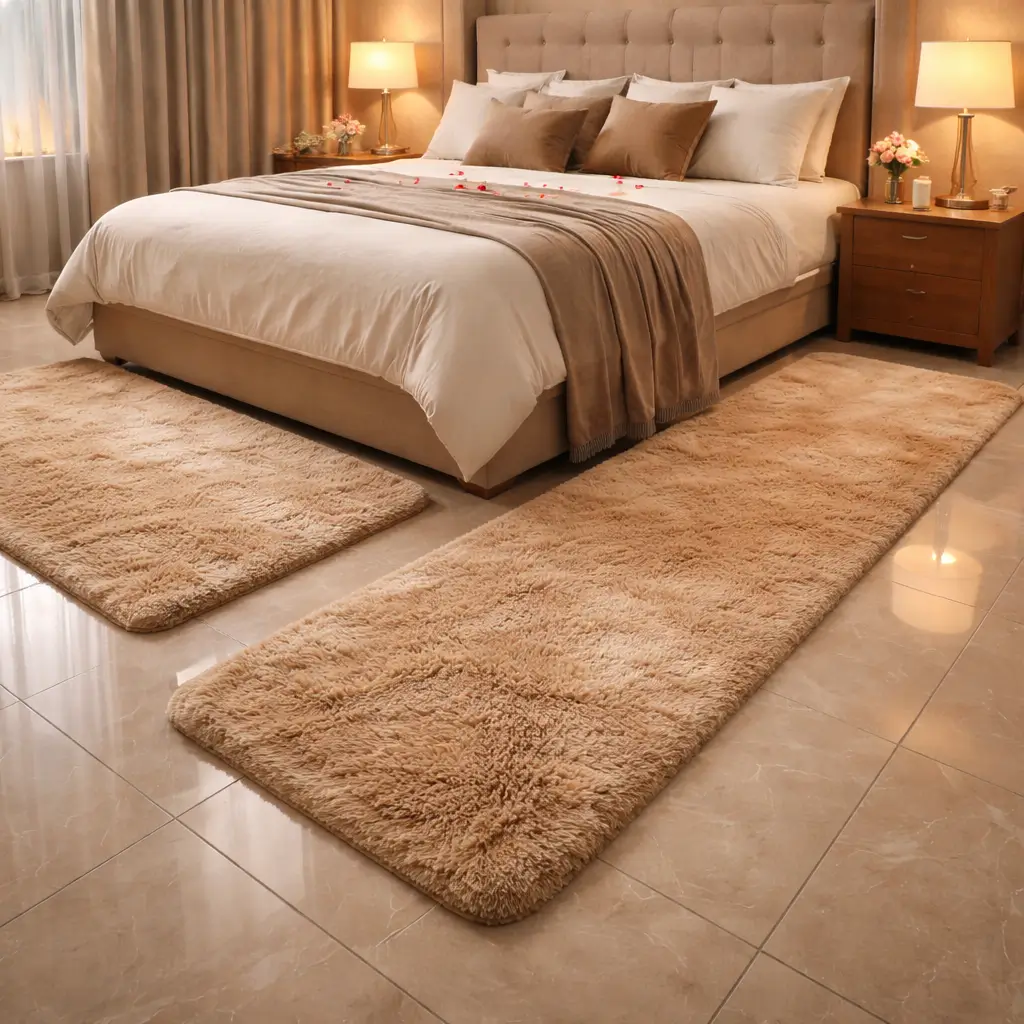 Romantic Valentine bedroom with two camel rabbit fur runner rugs placed symmetrically beside a king bed