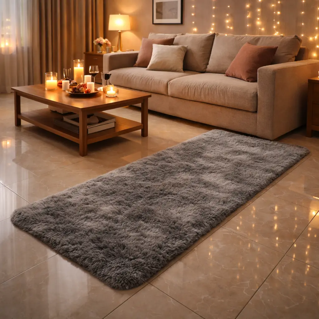 Cozy living room date night setup with a plush rabbit fur runner rug placed near the sofa seating area
