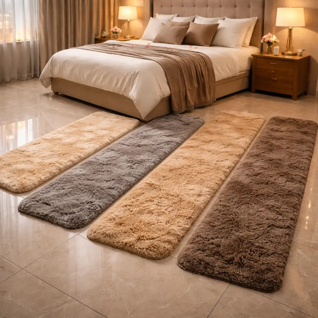 Valentine runner rug color guide showing plush rabbit fur runners in beige grey camel and brown on marble flooring