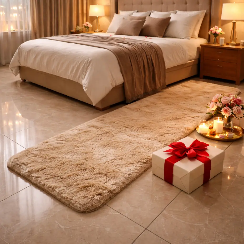 Plush rabbit fur runner rug styled as a Valentine gift with ribbon, warm lights, and cozy bedroom decor