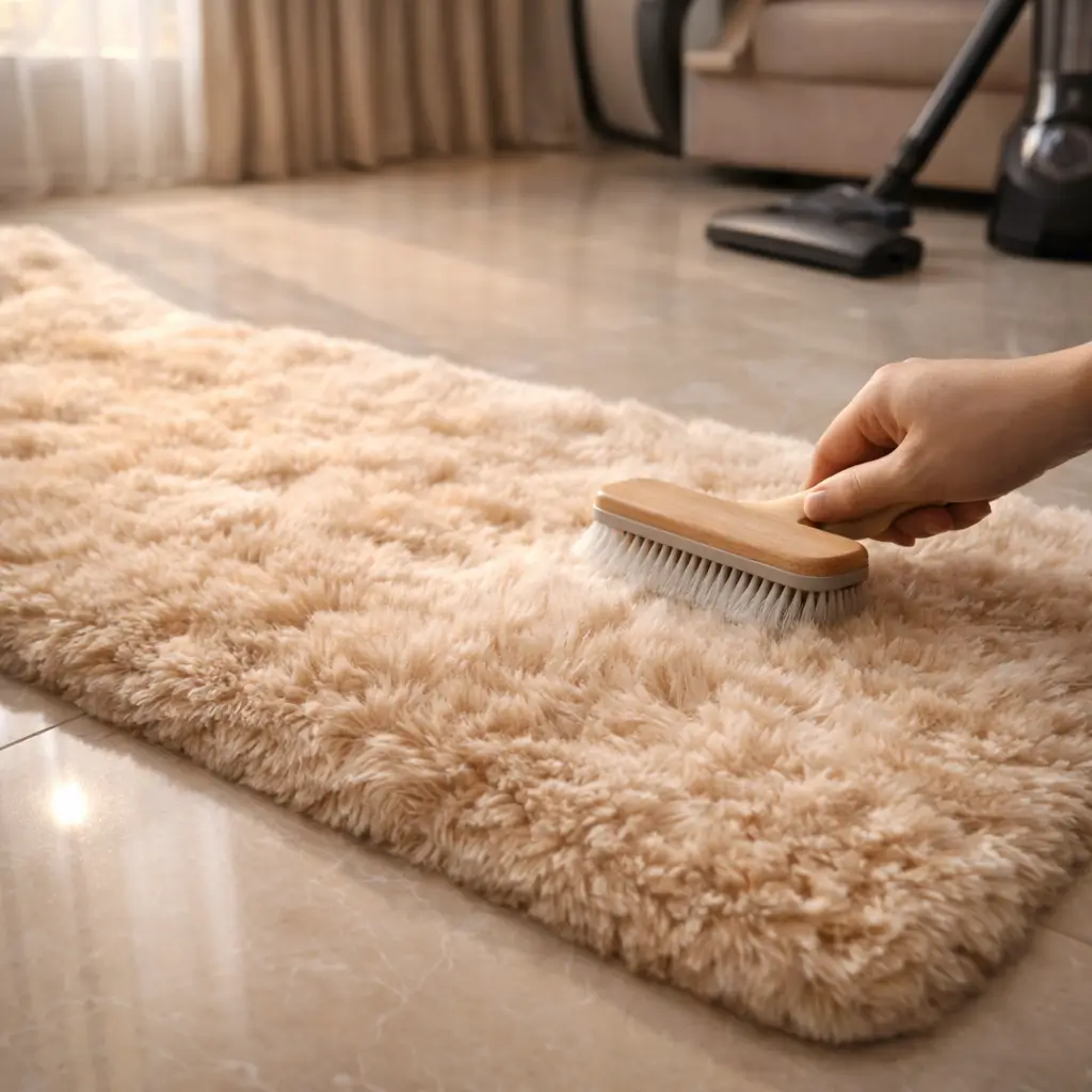 Gently brushing a plush rabbit fur runner rug on a clean tiled floor to restore fluff before Valentine weekend