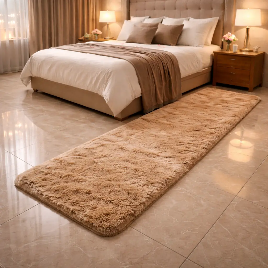 Luxury Valentine bedroom decor with warm lighting and a plush camel rabbit fur runner rug placed beside the bed