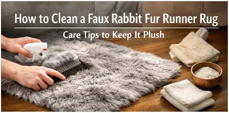 Gently brushing a plush faux rabbit fur runner rug to restore fluff