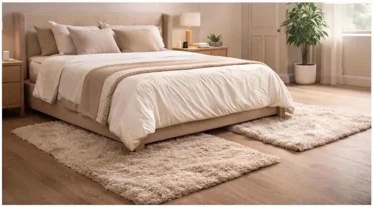 Plush runner rug placed beside a king bed for bedside comfort